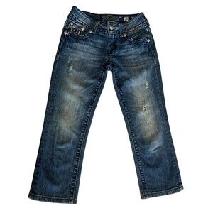 Miss Me Jeans Womens 25 Blue Capri JP6085P Distressed Embellished Pockets Denim